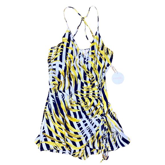 Luxxel Romper Leaf Print Yellow Black White Stripe Women's Size Small - Picture 2 of 12